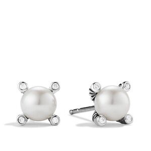David Yurman Sterling Silver Pearl and Diamond Stud Earrings